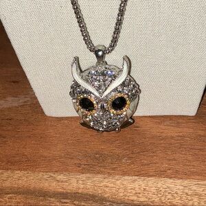 Gorgeous Used- Rhinestone Silver Owl Pendant And Necklace